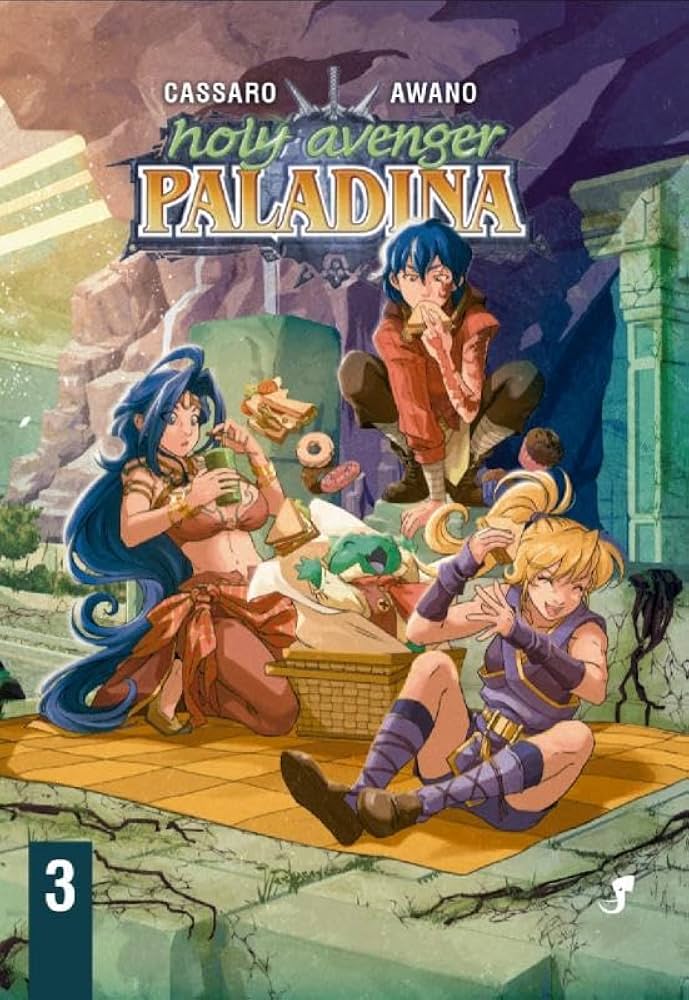 Capa do manga Holy Avenger Paladina volume 3, mostrando três personagens em um piquenique entre ruinas antigas.
