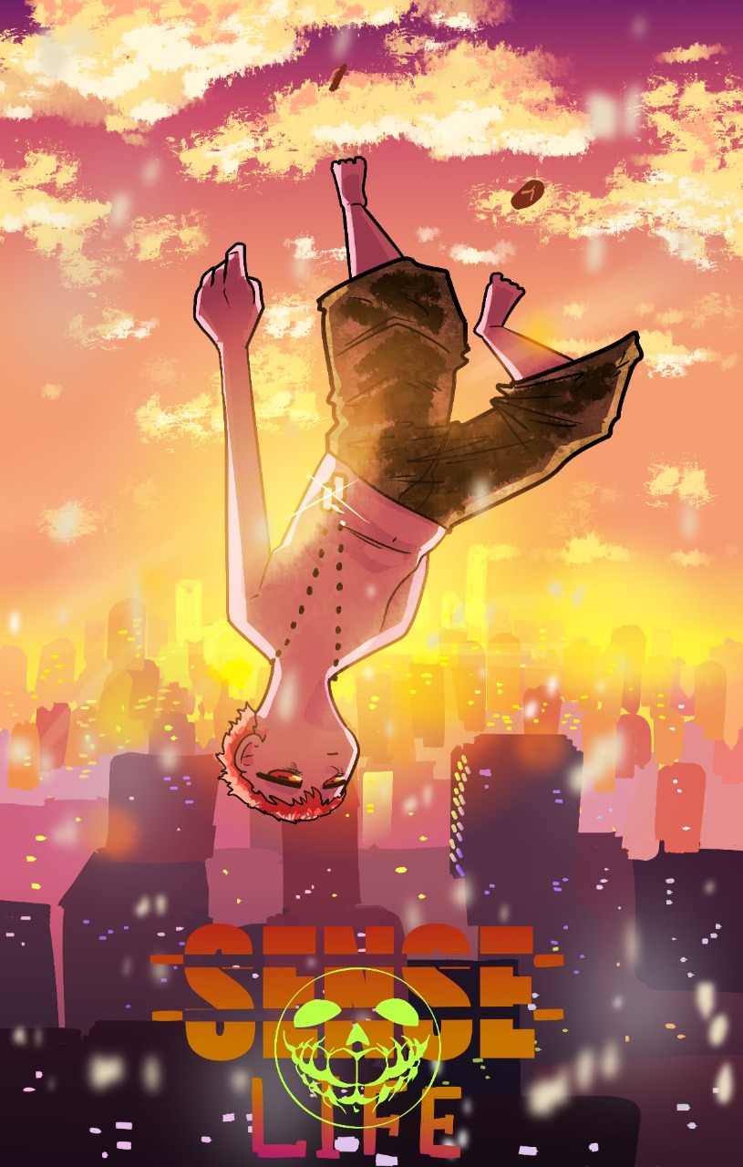 Pôster de Sense Life mostrando o protagonista flutuando de cabeça para baixo sobre uma cidade ao pôr do sol.